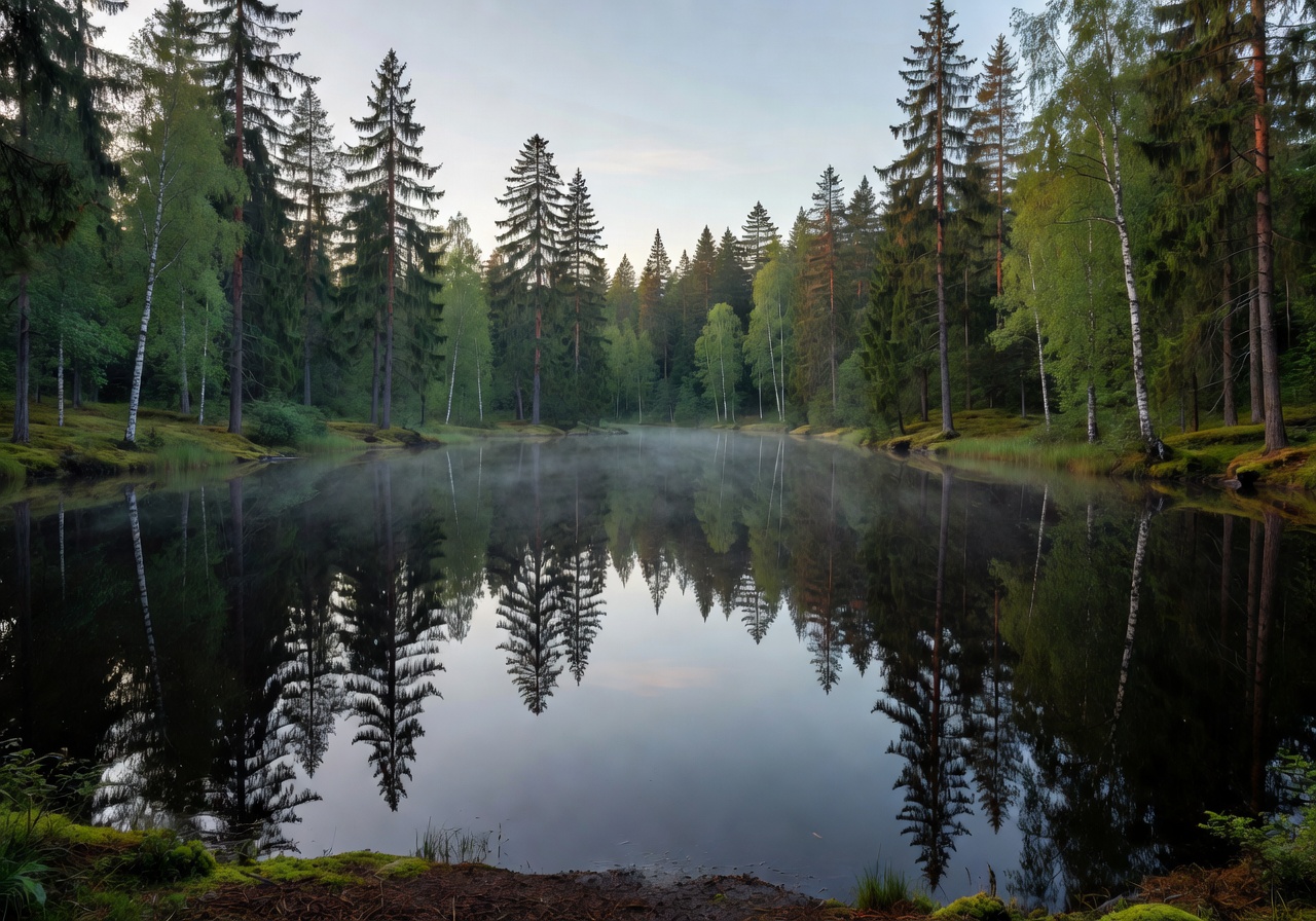 Calm woodland lake reflecting surrounding spruce and birch trees at Nuuksio