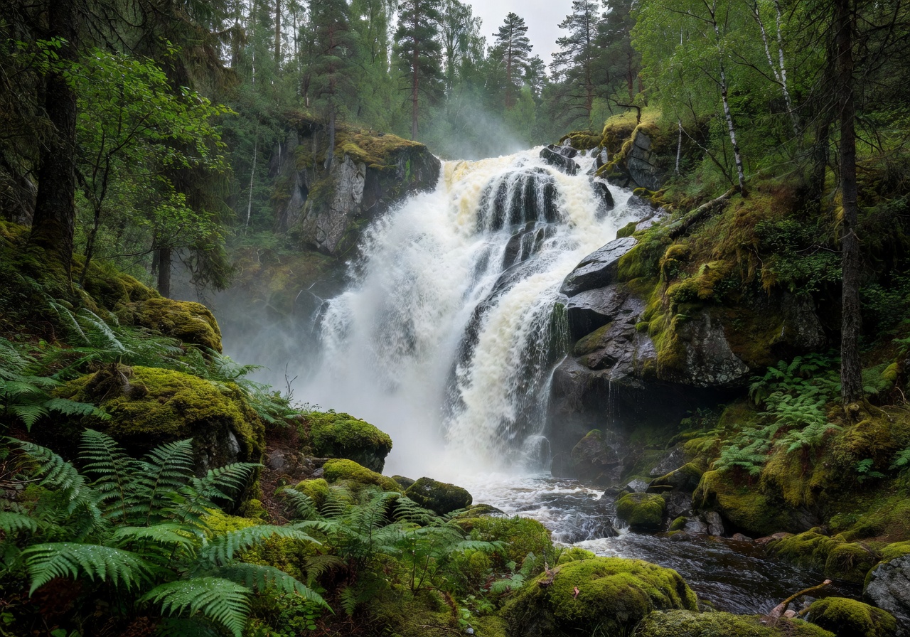 Dramatic waterfall surrounded by lush ferns and moss in a Finnish nature reserve
