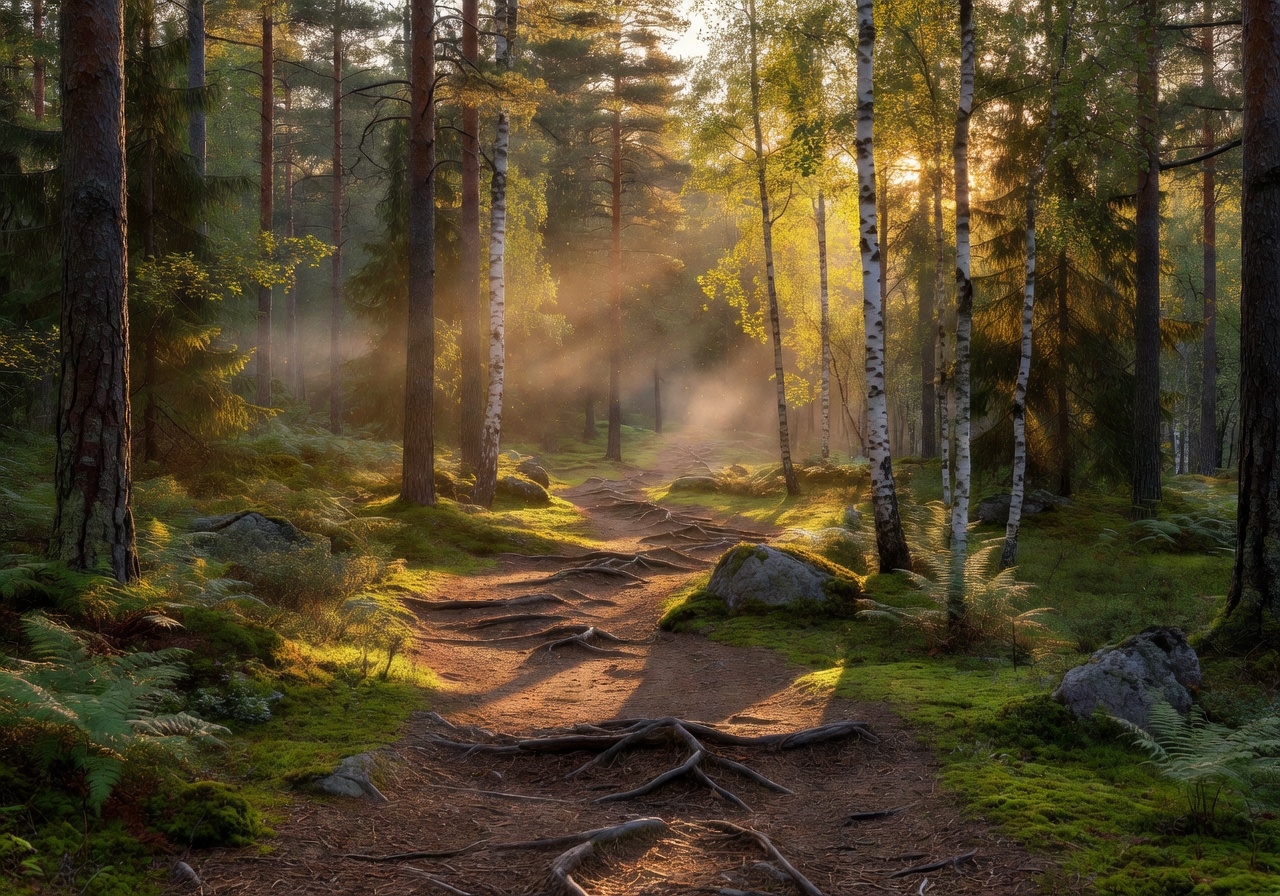 Dense forest trail in Nuuksio National Park near Espoo, Finland