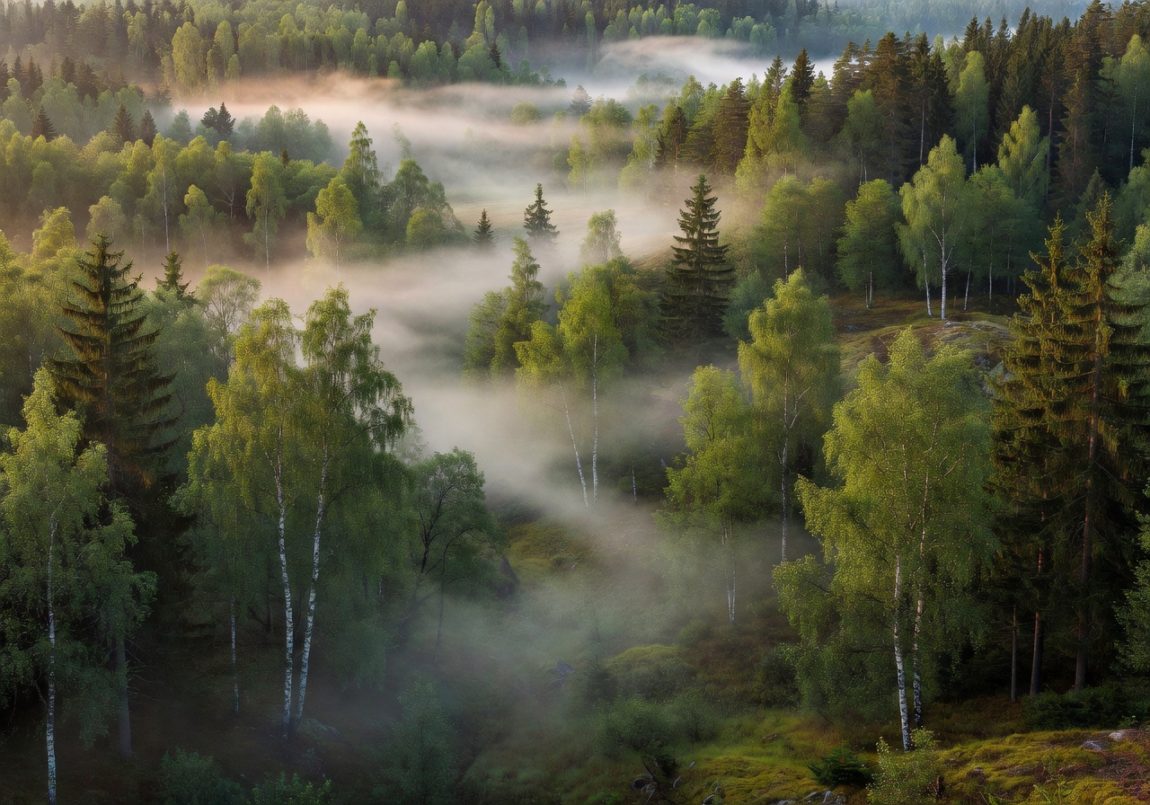 Morning mist floating over a valley of green trees in southern Finland