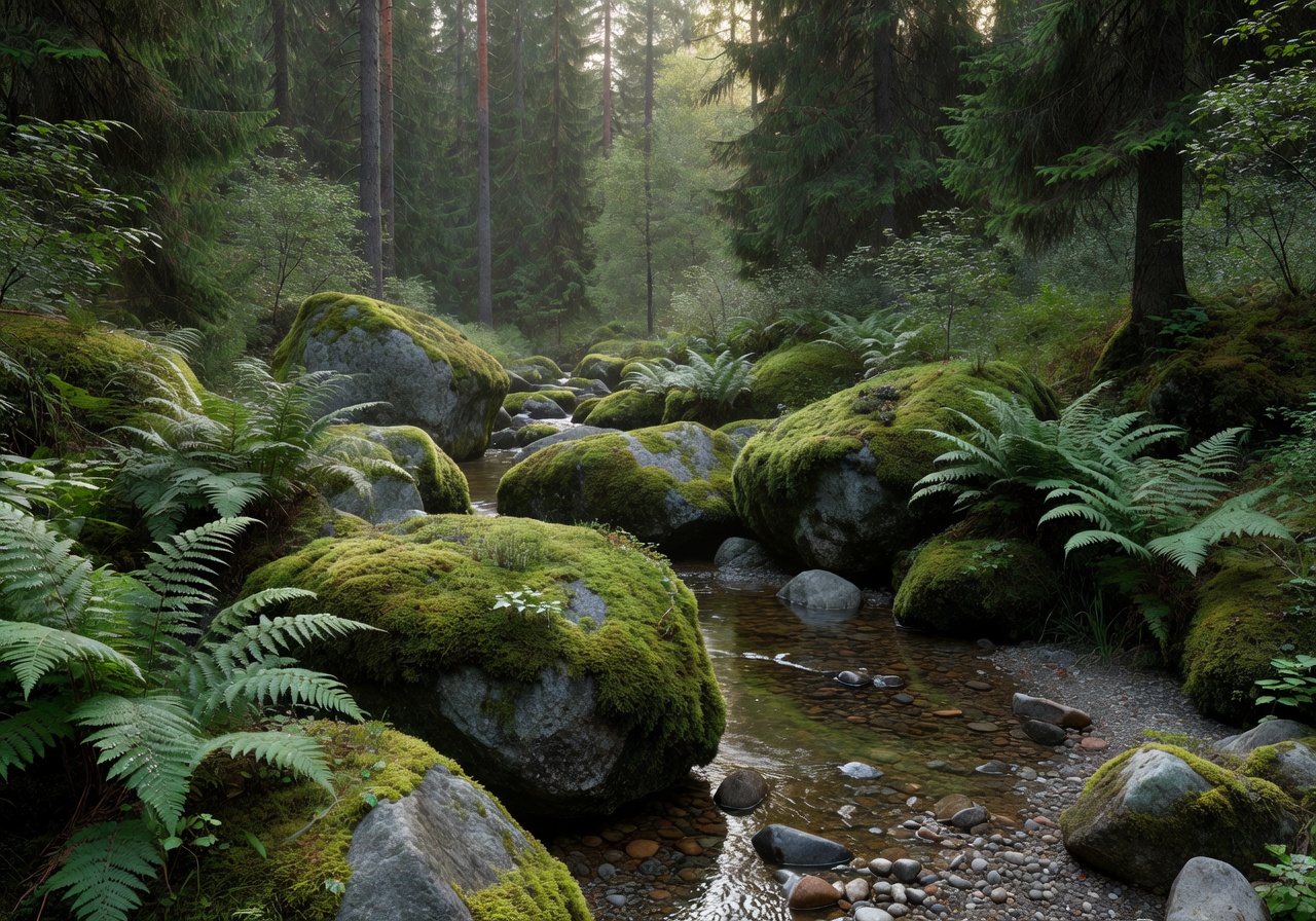 Moss-covered rocks and ferns beside a gently flowing stream in a Finnish forest