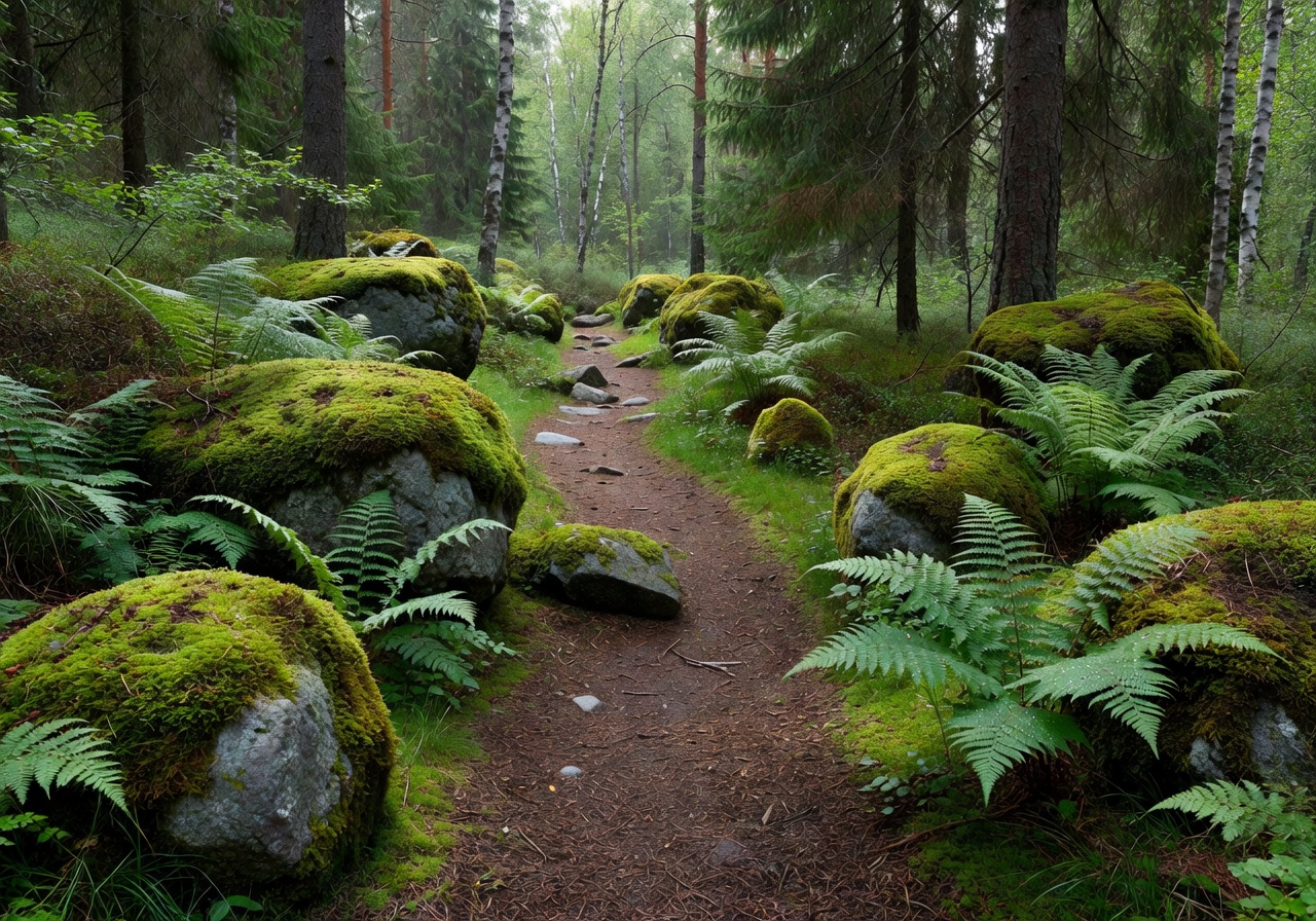 Mossy rocks and ferns along a hiking path in Nuuksio National Park Finland
