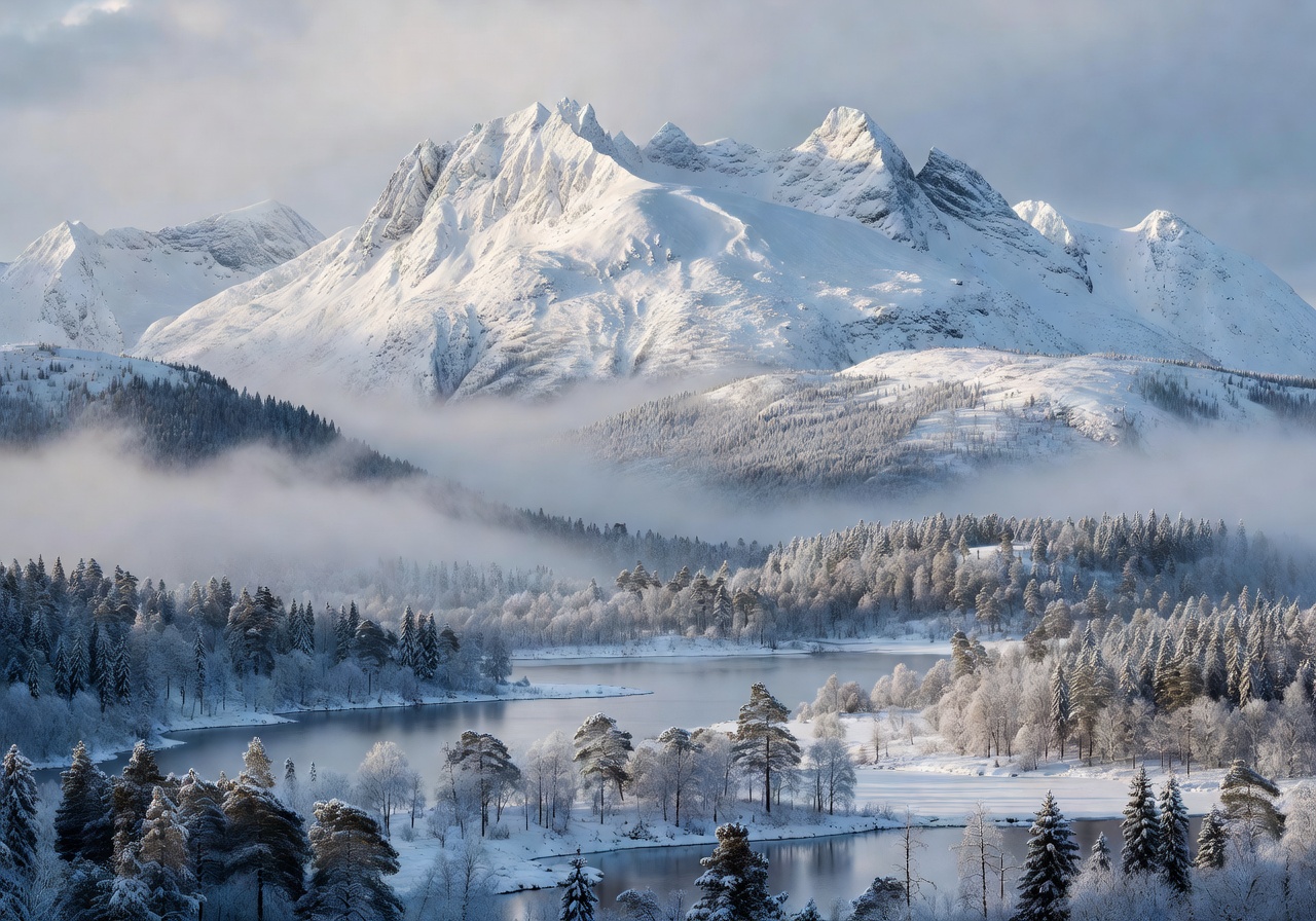 Snow-capped mountain peaks above a misty Finnish wilderness landscape