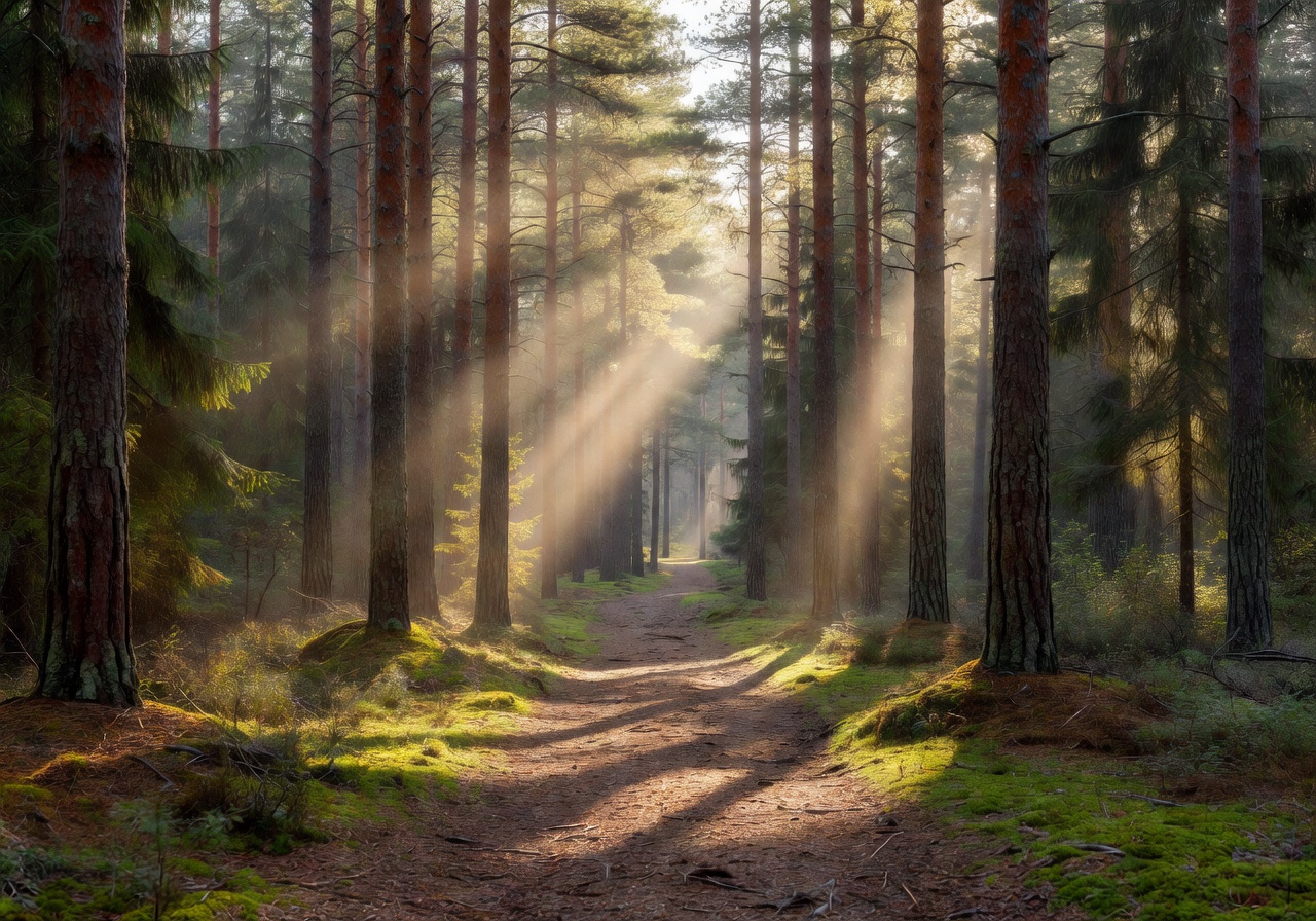 Sunlight streaming through tall pine trees along a forest trail in Nuuksio National Park