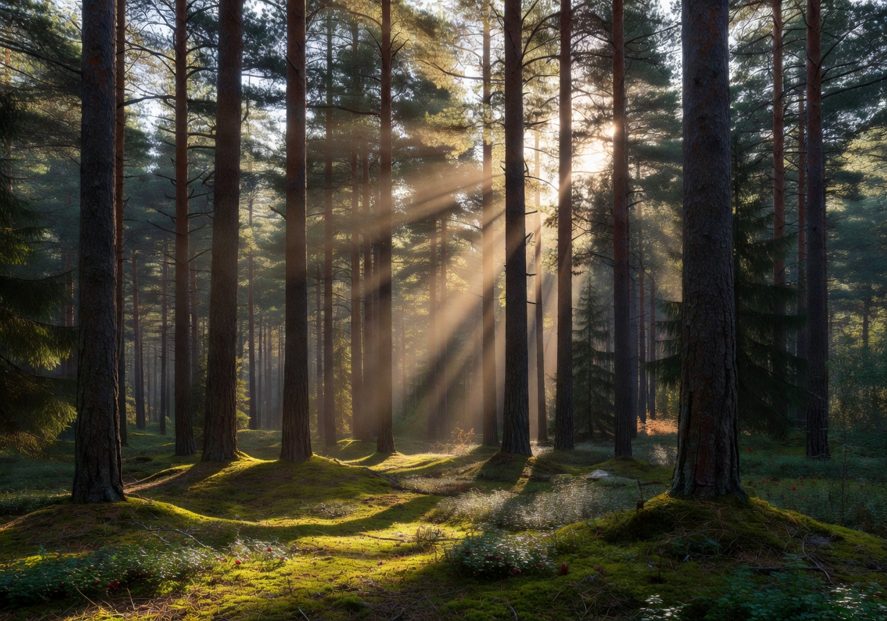 Tall pine trees with sunlight streaming through the canopy in a serene Finnish forest