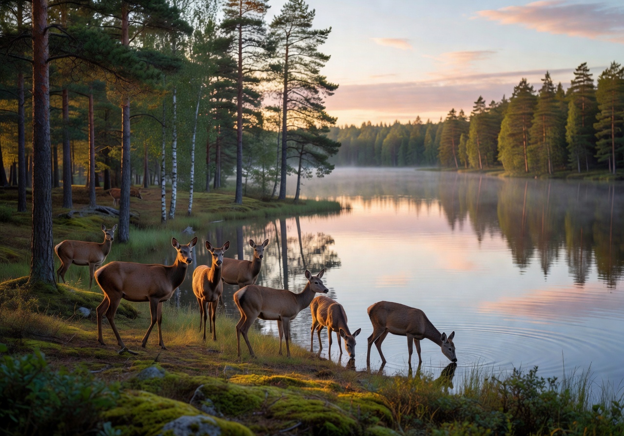 Wild deer in their natural habitat near a calm Finnish forest lake at sunrise